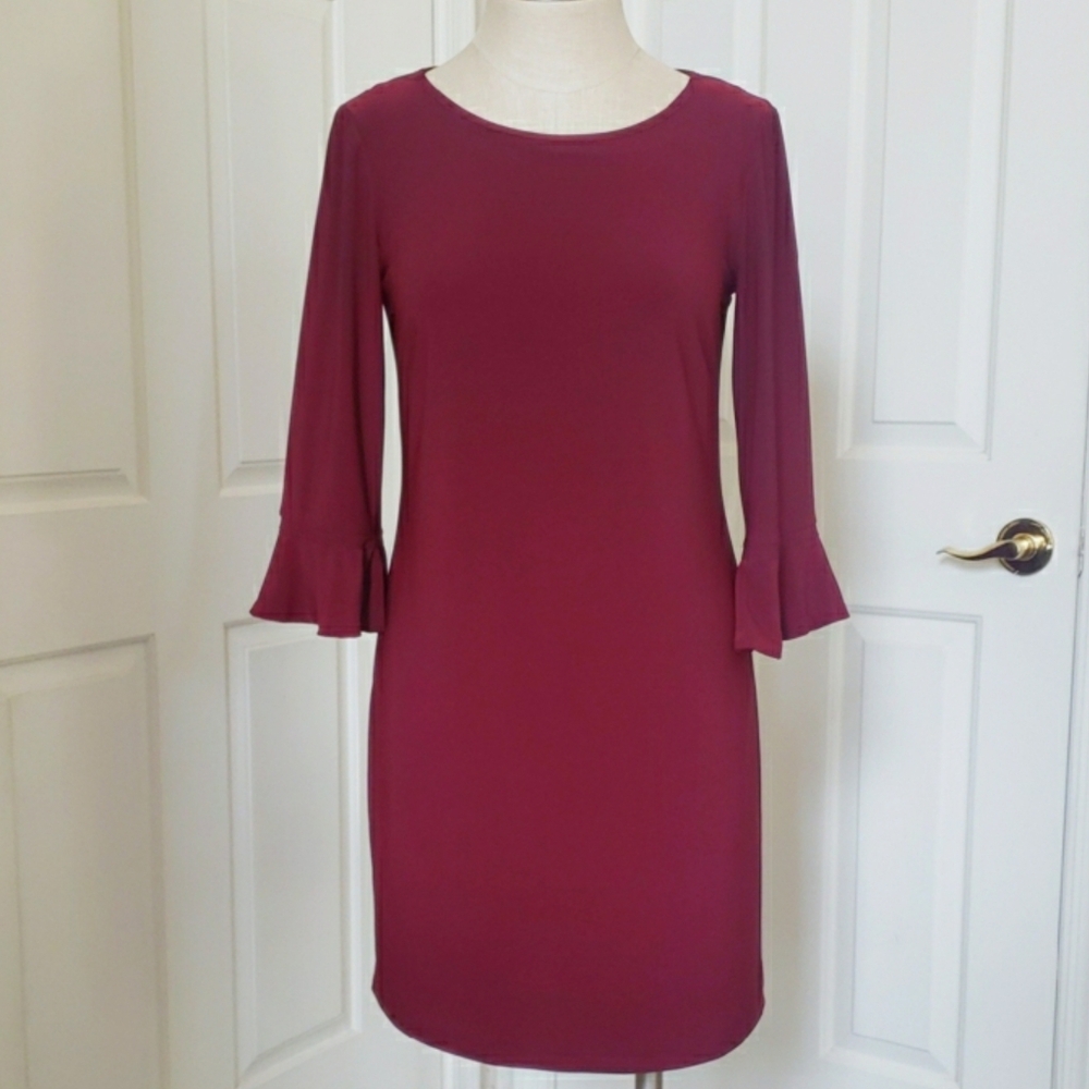 LAUNDRY BY SHELLI SEGAL Burgundy Bell Sleeve Shift Dress Cabincore XSP - Picture 3 of 12